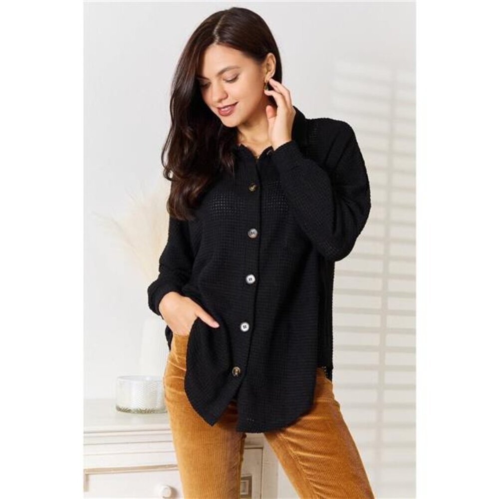 Double Take‎ Waffle-Knit Collared Neck Dropped Shoulder Shirt